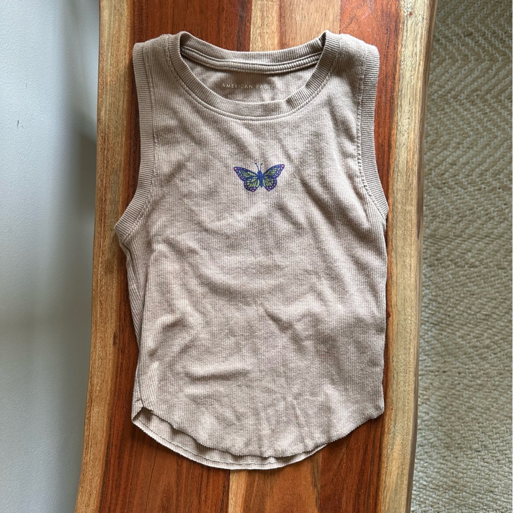 American Eagle Tan Butterfly Embroidered Women’s Tank Top Size XS‎ EUC